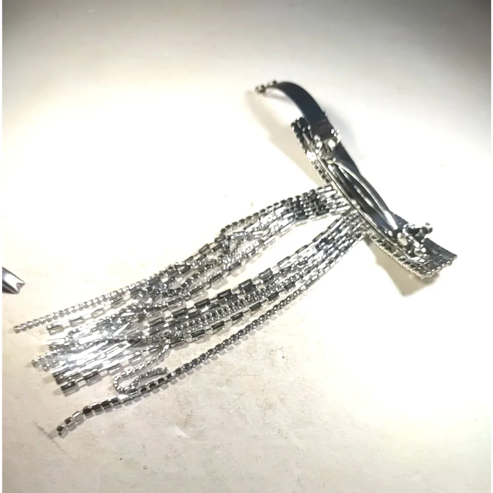 Fancy Hair Barrette Tension Clip Silver Tone Rhinestone Party Prom Cos Play